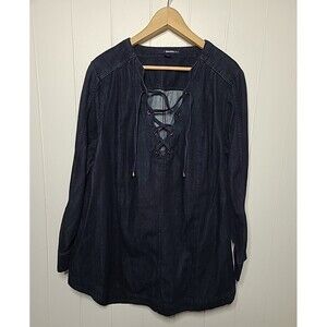 Denim 24/7 Tunic Top Womens Size 24W Blue Boho Hippie Long Sleeve Fall Cotton